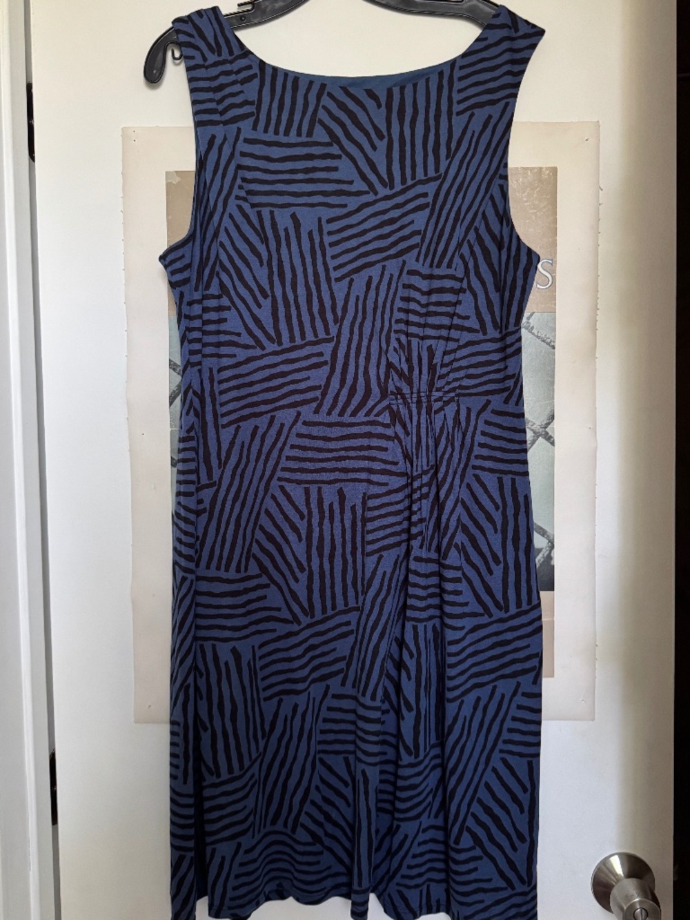 LOFT Blue Black Abstract Geometric Stripe Sleeveless Knit Dress Size L
